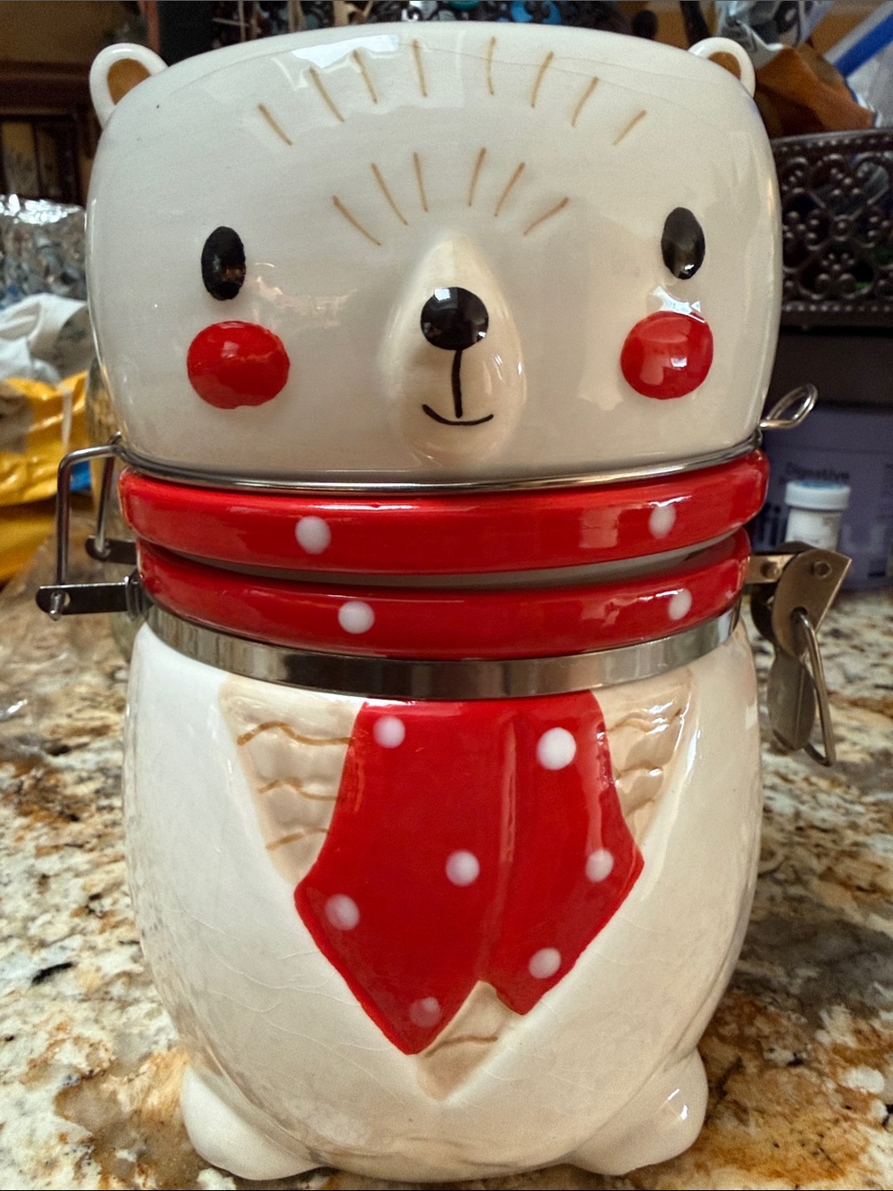 Red and White Bear Ceramic Jar -